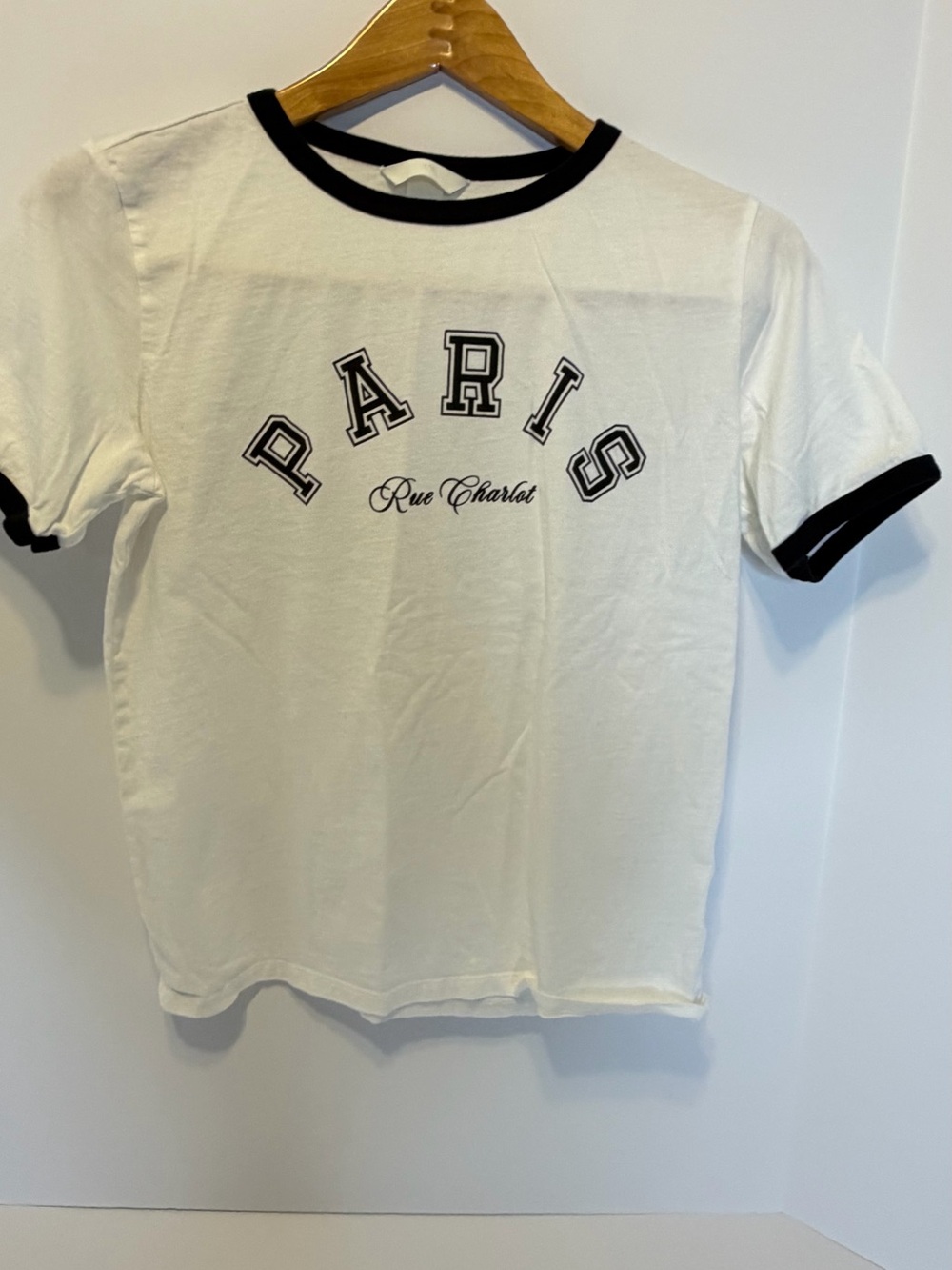 H&M White Ringer Tee with Black Trim - Paris Graphic